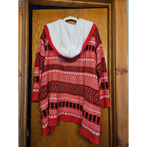 Women's Long Red Cardigan with Fuzzy Hood Size Large - Picture 7 of 8
